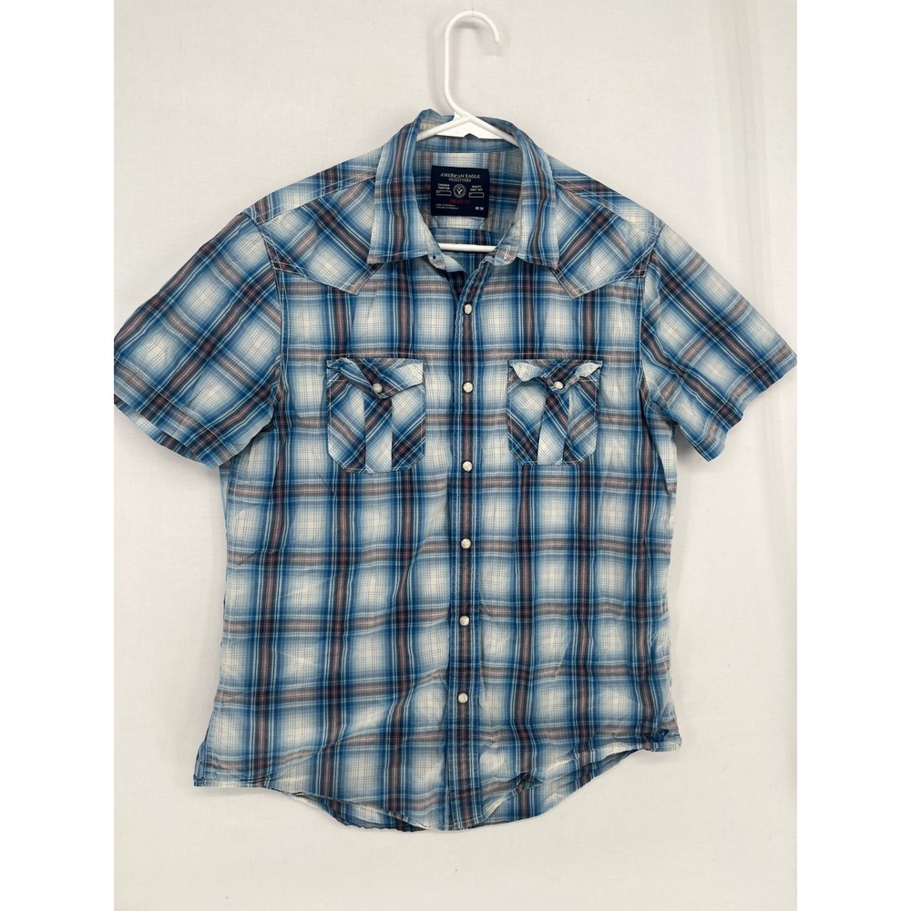 American Eagle Mens M Blue Plaid Short Sleeve Western pearl Snap Button Shirt
